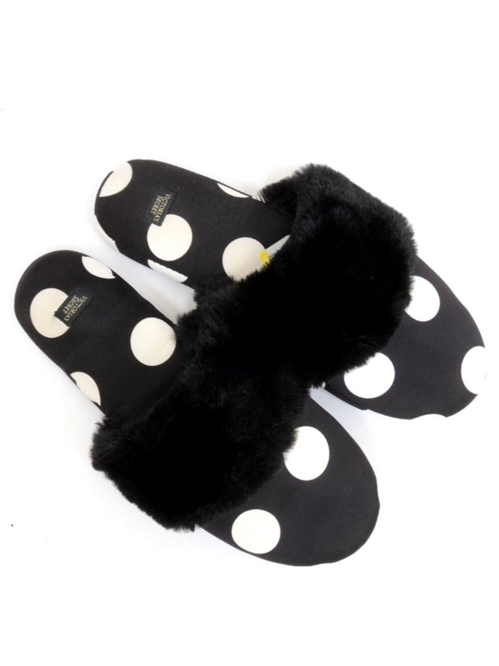 Victoria's Secret Black & White Polka Dot Faux Fur Slippers Women's MED Coquette